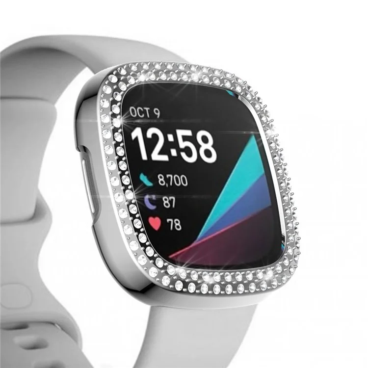 Doppelreihiger Rhinestone PC Hohlraum Elektroplattierung Gehäuse (unterstützt Stromladung mit Gehäuse) für Fitbit Versa 3/Sense - Transparent - Silber