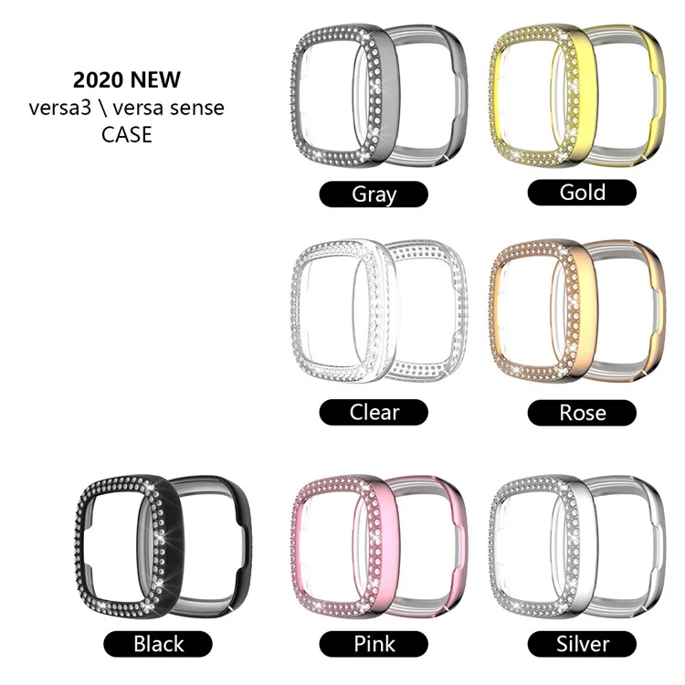 Doppelreihiger Rhinestone PC Hohlraum Elektroplattierung Gehäuse (unterstützt Stromladung mit Gehäuse) für Fitbit Versa 3/Sense - Transparent - Silber