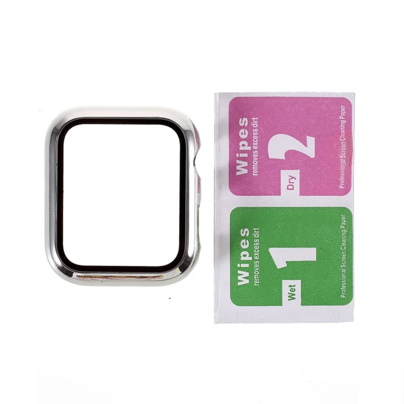 Electroplated PC Frame + Tempered Glass Screen Protector Case for Apple Watch Series SE / SE (2022) / 6 / 5 / 4 44MM - Silver