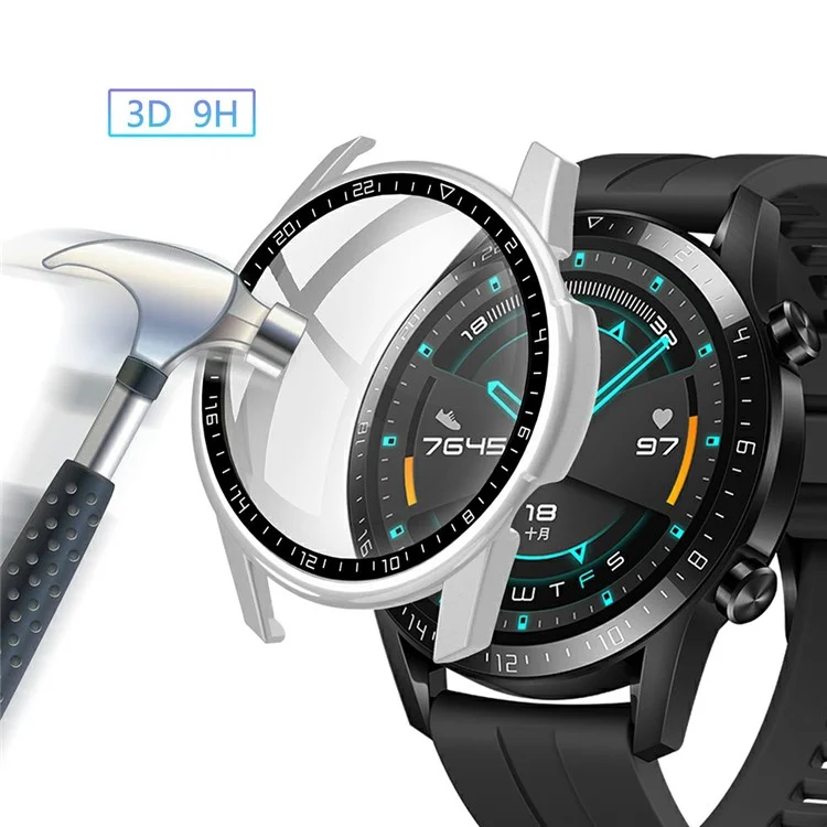 Rubberized PC Frame + Tempered Glass Screen Case with Scale for Huawei Watch GT 2 46mm - Silver