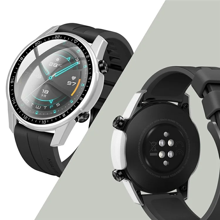 Rubberized PC Frame + Tempered Glass Screen Case with Scale for Huawei Watch GT 2 46mm - Silver