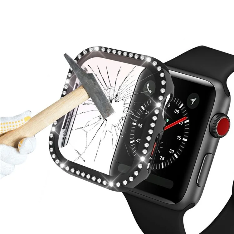 Étui à Cadre PC de Décoration de Strass Pour Apple Watch Series se / 6/5/4 44 mm Avec Protecteur D'écran en Verre Trempé - le Noir