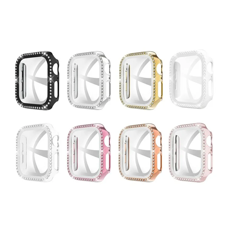 Étui de cadre PC décoré de strass pour Apple Watch Series 4 / 5 / 6 44mm / SE 44mm / SE (2022) 44mm avec protecteur d'écran en verre trempé - Noir