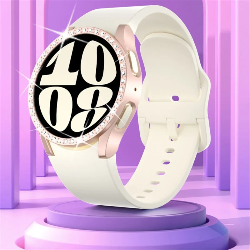 For Samsung Galaxy Watch7 44mm Case Rhinestone Decor Hard PC Watch Case Cover - White