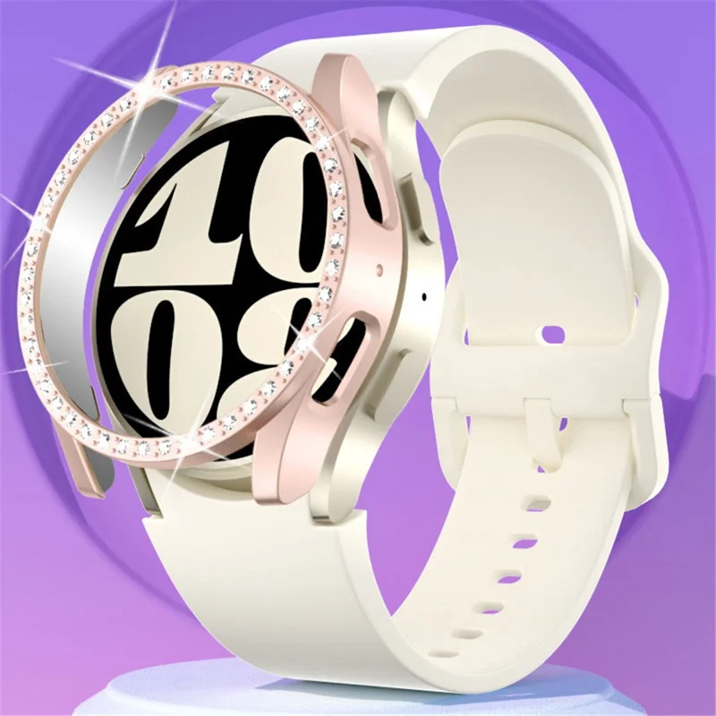 For Samsung Galaxy Watch7 44mm Case Rhinestone Decor Hard PC Watch Case Cover - White