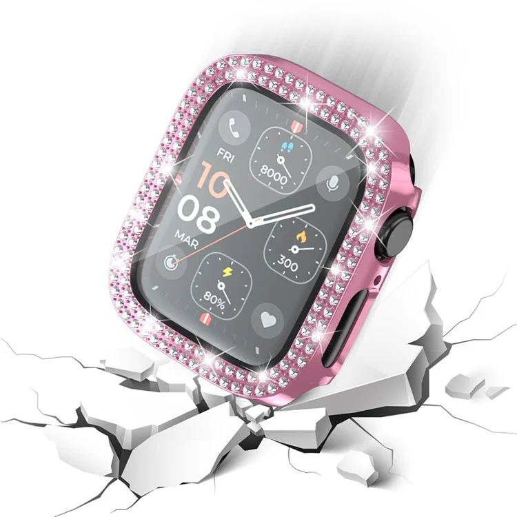 For Apple Watch Series 4  /  5  /  6  /  SE  /  SE (2022) 44mm Rhinestone Decor Electroplating PC Watch Case with Tempered Glass Film - Pink
