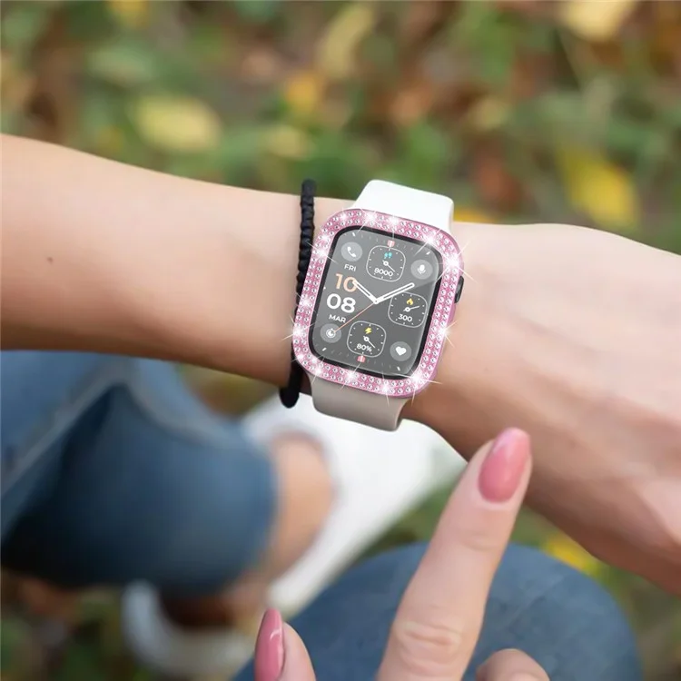 For Apple Watch Series 4  /  5  /  6  /  SE  /  SE (2022) 44mm Rhinestone Decor Electroplating PC Watch Case with Tempered Glass Film - Pink