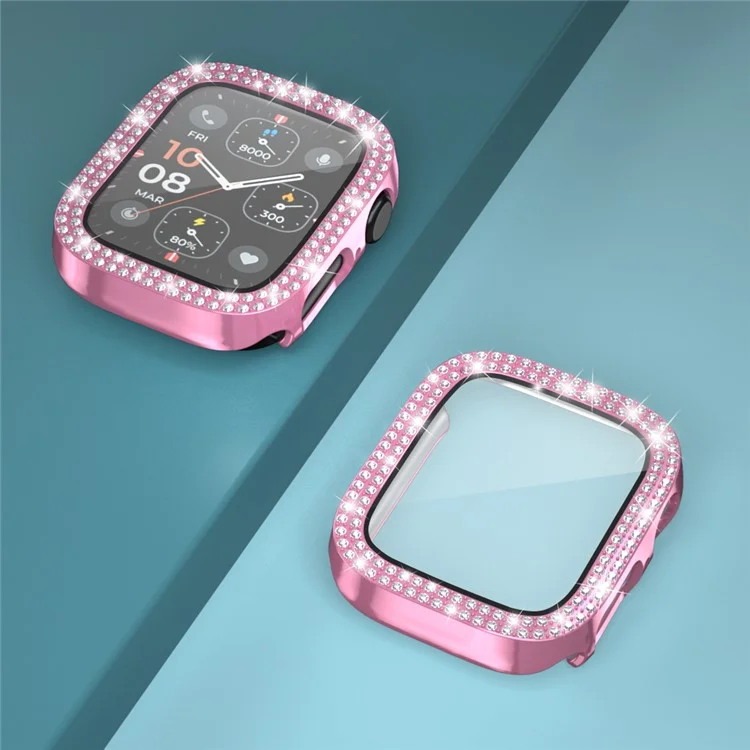 For Apple Watch Series 4  /  5  /  6  /  SE  /  SE (2022) 44mm Rhinestone Decor Electroplating PC Watch Case with Tempered Glass Film - Pink