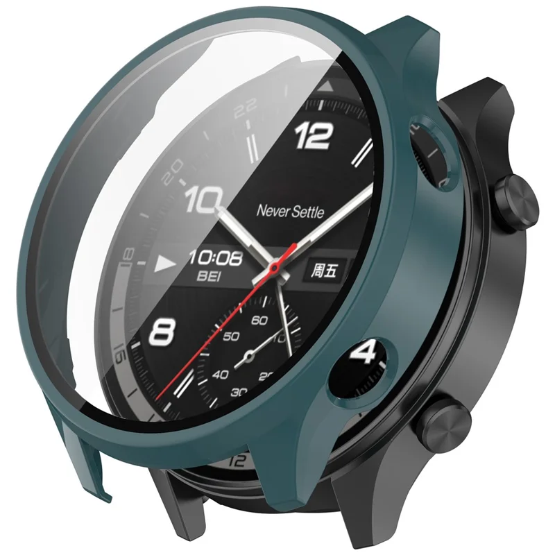 For OnePlus Watch 2R / Watch 2 / Oppo Watch Sport Case Hard PC Full Protective Watch Cover with Tempered Glass Film - Dark Green
