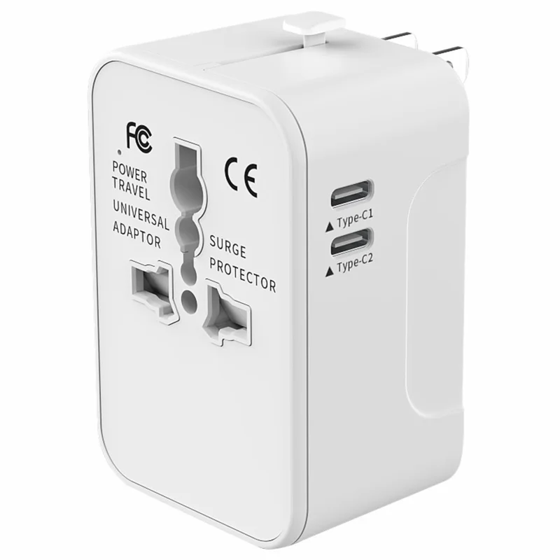 HHT202-2C 1xUSB+2x Type-C Charging Adapter Travel Universal Charger Converter - White