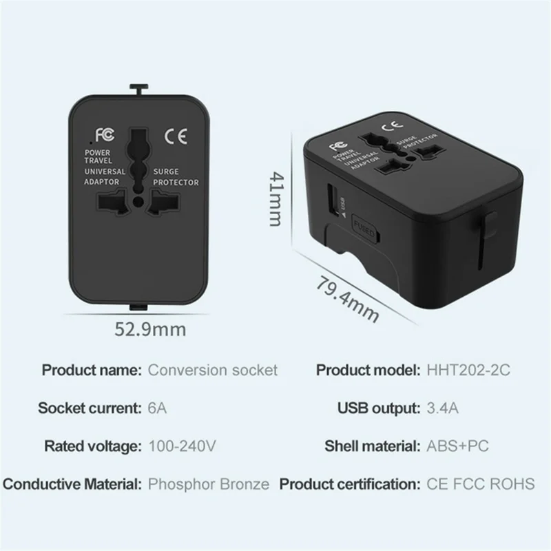 HHT202-2C 1xUSB+2x Type-C Charging Adapter Travel Universal Charger Converter - White