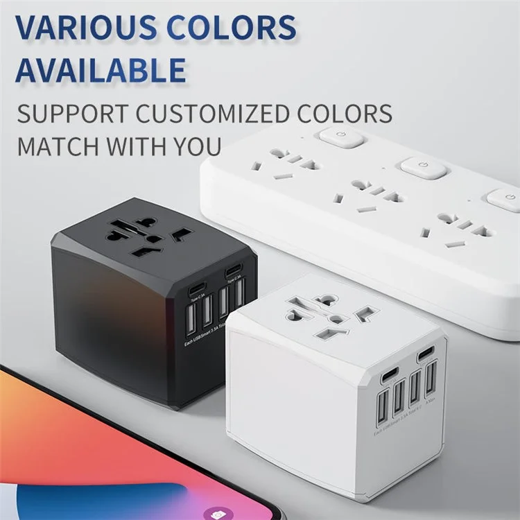 HH904 Worldwide Travel Charge Adapter Wall Plug Converter with 4 USB + 2 Type-C - Black