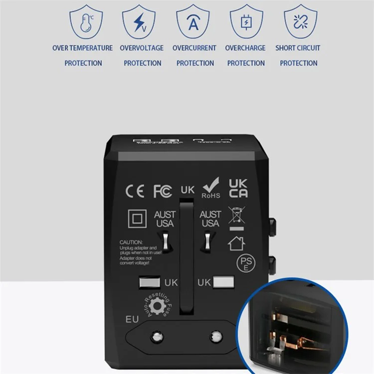 HH904 Worldwide Travel Charge Adapter Wall Plug Converter with 2 USB + 2 Type-C - Black