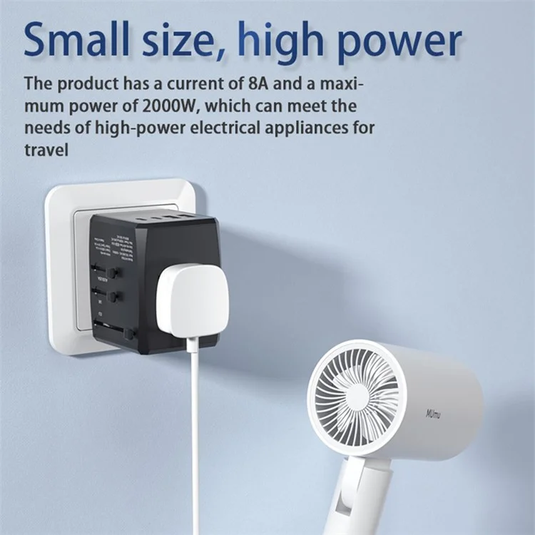 HH904 Worldwide Travel Charge Adapter Wall Plug Converter with 2 USB + 2 Type-C - Black