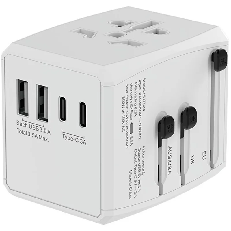 HH904 Worldwide Travel Charge Adapter Wall Plug Converter with 2 USB + 2 Type-C - White
