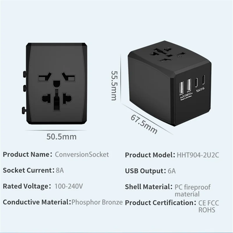 HH904 Worldwide Travel Charge Adapter Wall Plug Converter with 2 USB + 2 Type-C - White