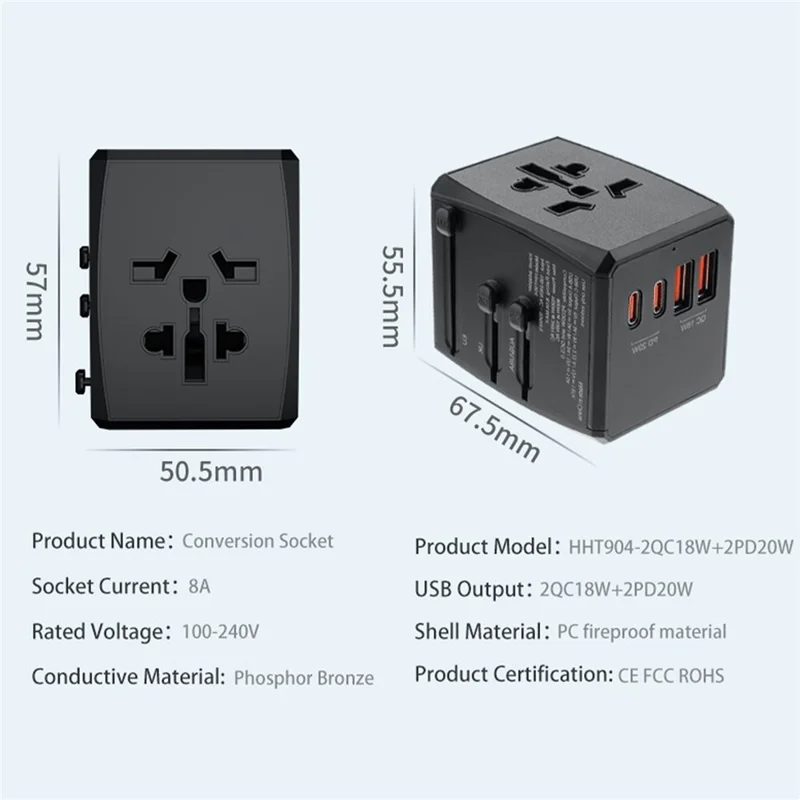 HH904 Worldwide Travel Power Adapter 2 QC + 2 PD Ports Fast Charging Wall Charger Plug Converter - White