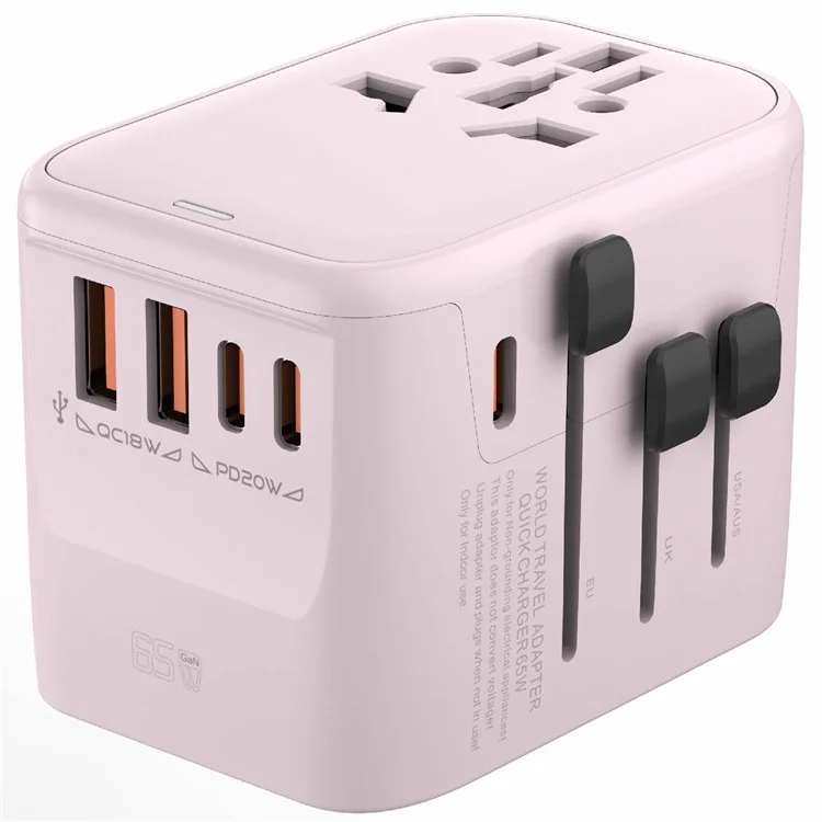 HHT906 PD 65W GaN Worldwide Travel Power Adapter 2xUSB+3xType-C Wall Charger Plug Converter - Pink