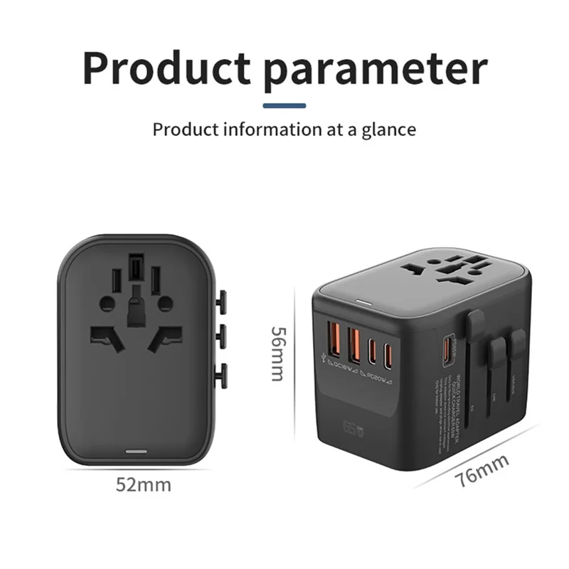 HHT906 PD 65W GaN Worldwide Travel Power Adapter 2xUSB+3xType-C Wall Charger Plug Converter - Pink