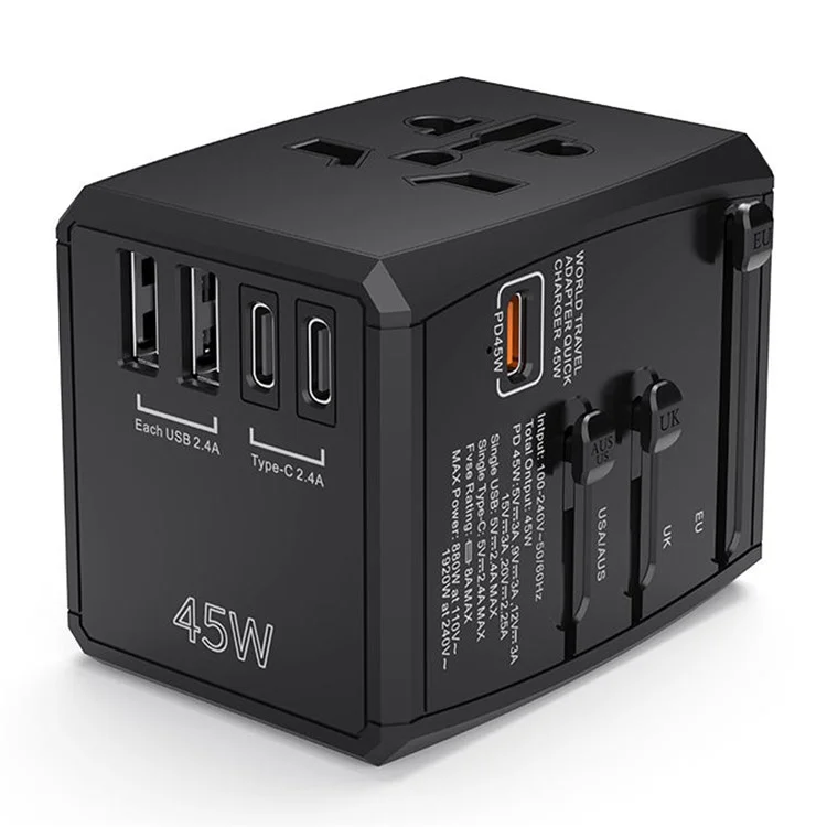 HHT905 GaN Worldwide Travel Charge Adapter Wall Plug PD 45W Fast Charging Plug Converter - Black