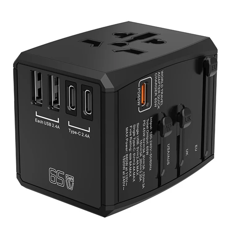 HHT905 PD 65W GaN Carregador de Viagem Rápido e Adaptador de Alimentação Mundial - Preto