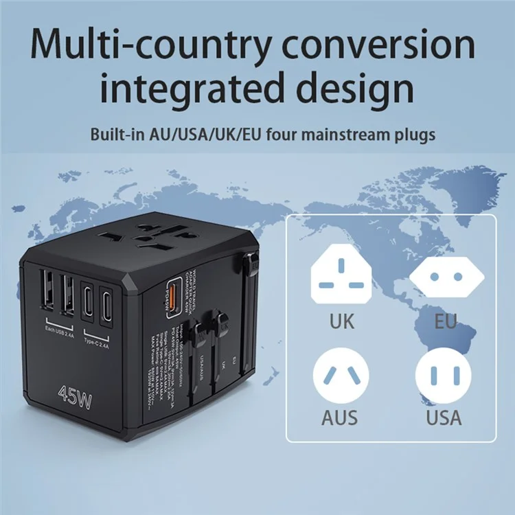 HHT905 PD 65W GaN Carregador de Viagem Rápido e Adaptador de Alimentação Mundial - Preto