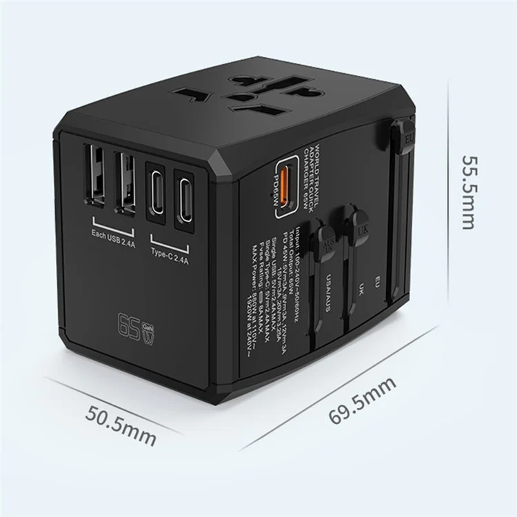 HHT905 PD 65W GaN Carregador de Viagem Rápido e Adaptador de Alimentação Mundial - Preto