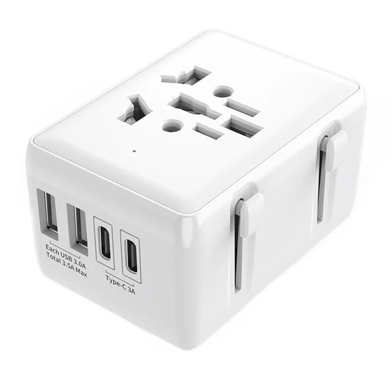 HHT203-A Worldwide Travel Power Adapter 2 Type-C + 2 USB Ports Wall Charger Plug Converter - White