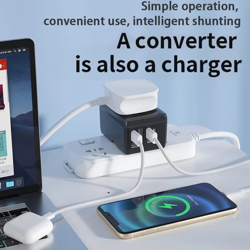 HHT203-A Worldwide Travel Power Adapter 2 Type-C + 2 USB Ports Wall Charger Plug Converter - White