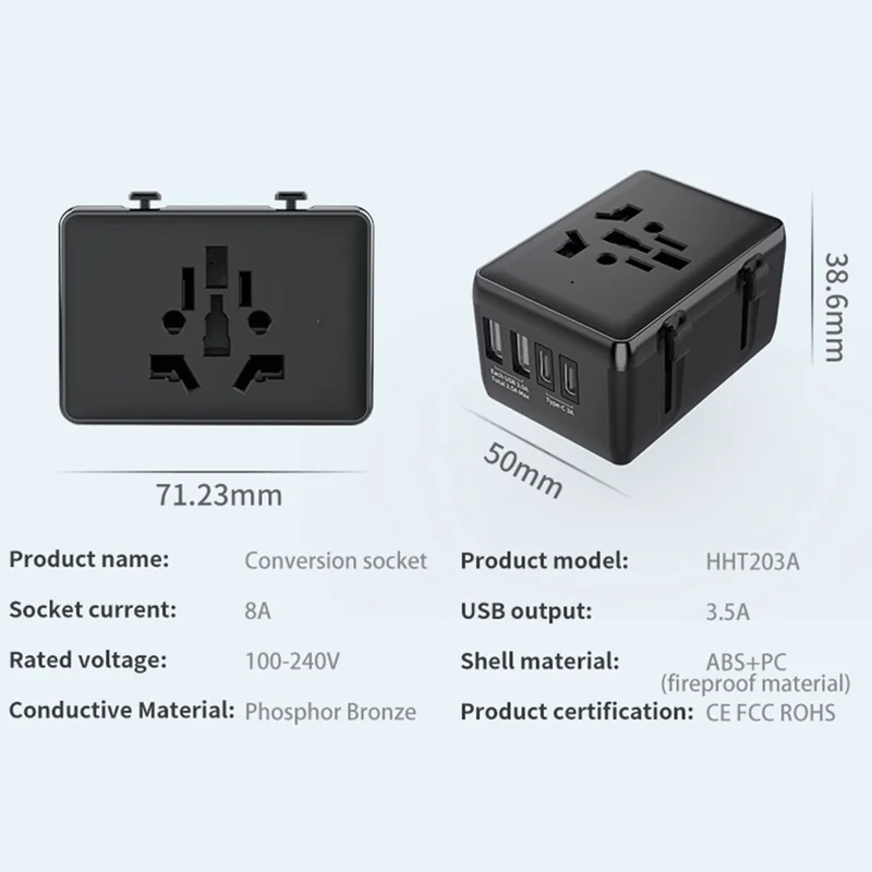 HHT203-A Worldwide Travel Power Adapter 2 Type-C + 2 USB Ports Wall Charger Plug Converter - White