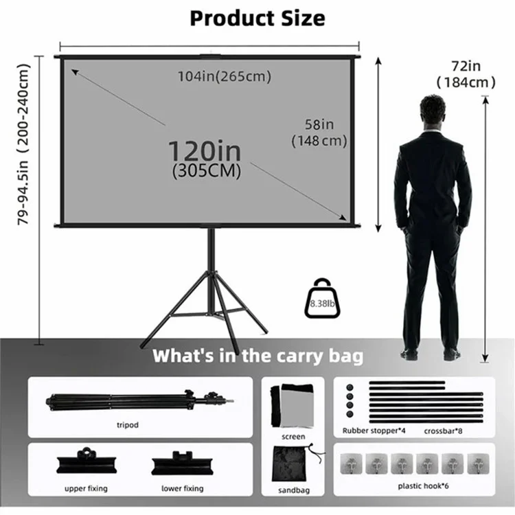 120 Inch Grey Projector Screen 16:9 Anti-Light Curtain HD 4K Projection Screen with Tripod