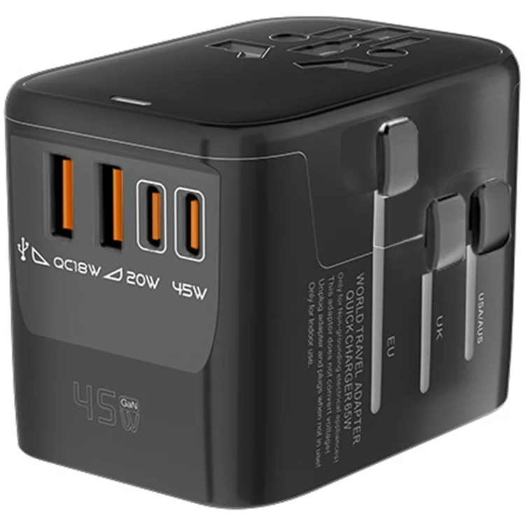 HHT906 PD 45W GaN Carregador de Viagem Mundial 2xType-C + 2xUSB - Preto