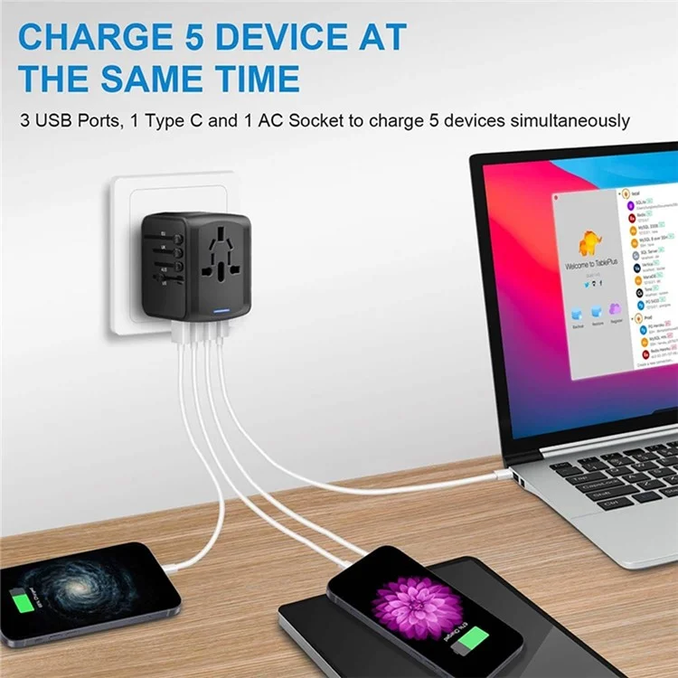 HHT906 PD 45W GaN Carregador de Viagem Mundial 2xType-C + 2xUSB - Preto