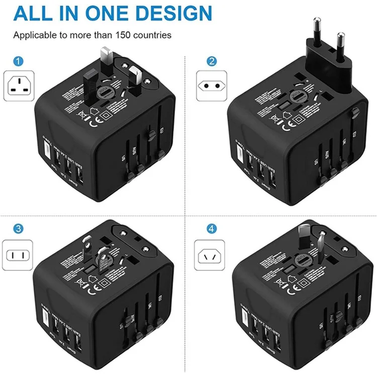 HHT906 PD 45W GaN Carregador de Viagem Mundial 2xType-C + 2xUSB - Preto