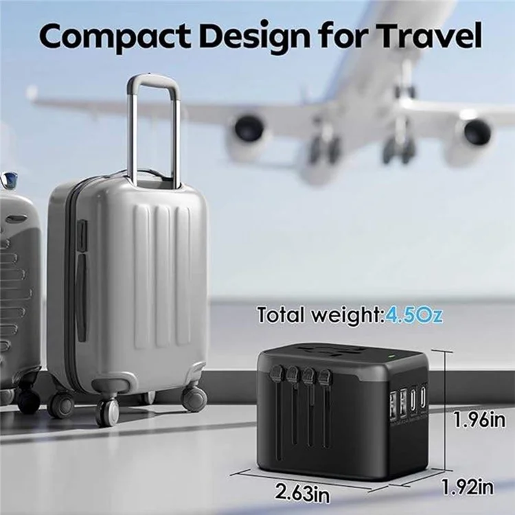 HHT906 PD 45W GaN Carregador de Viagem Mundial 2xType-C + 2xUSB - Preto
