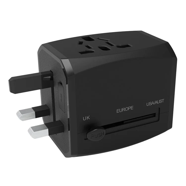 HHT525 Type-C + 2xUSB Universal Global Travel Power Adapter Charger Plug Converter - Black