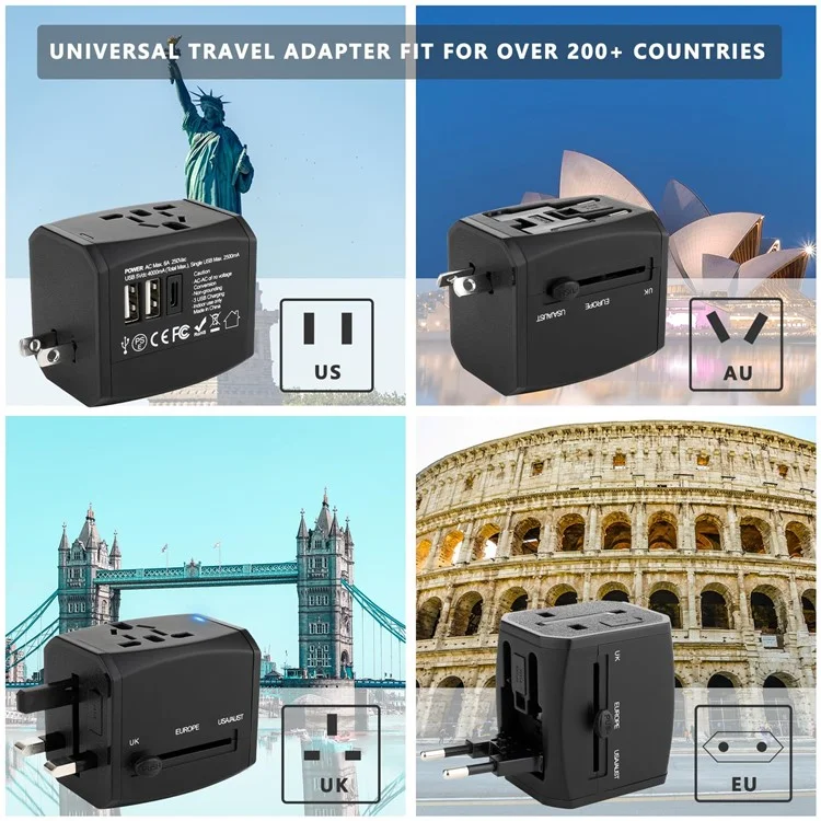 HHT525 Type-C + 2xUSB Universal Global Travel Power Adapter Charger Plug Converter - Black