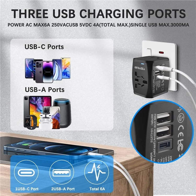 HHT525 Type-C + 2xUSB Universal Global Travel Power Adapter Charger Plug Converter - Black