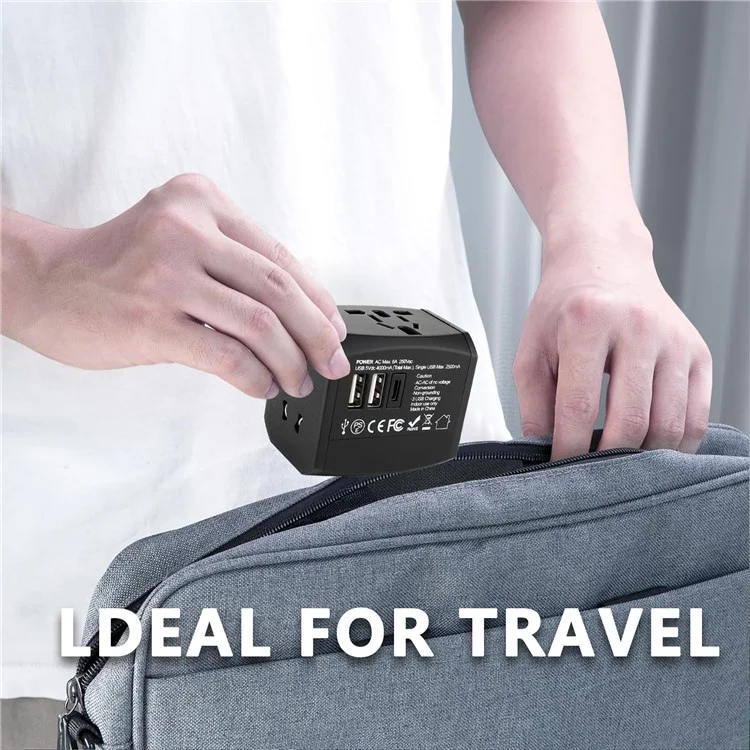 HHT525 Type-C + 2xUSB Universal Global Travel Power Adapter Charger Plug Converter - Black