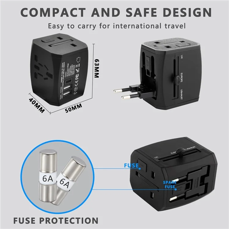 HHT525 Type-C + 2xUSB Universal Global Travel Power Adapter Charger Plug Converter - Black