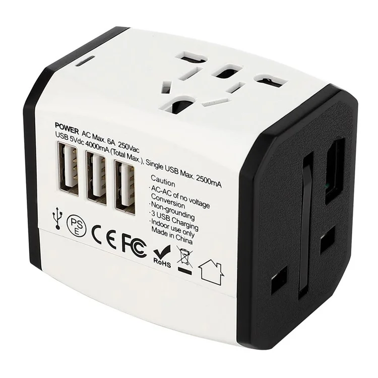 HHT525 Universal Global Travel Power Adapter 3 USB Ports Charger Plug Converter - Black