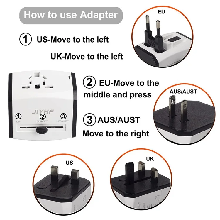 HHT525 Universal Global Travel Power Adapter 3 USB Ports Charger Plug Converter - Black
