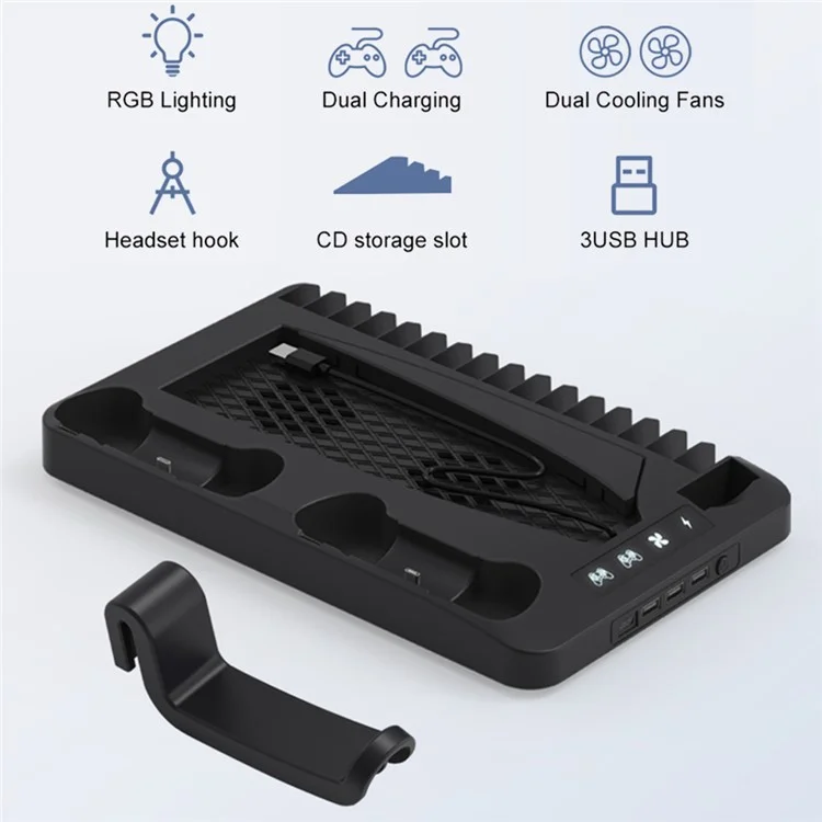 Gaminja P58 Para Sony PS5 Slim / Playstation 5 Console de Jogo Stand Stand Gamepad Charging Dock Headphone Titular - Preto