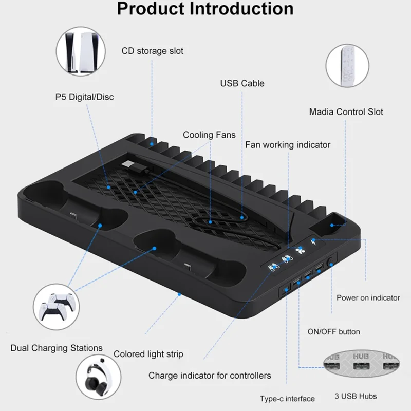 GAMINJA P58 For Sony PS5 Slim / PlayStation 5 Game Console Cooling Stand Gamepad Charging Dock Headphone Holder - White