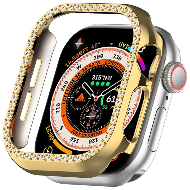For Apple Watch Series 11 / 10 42mm Single Row Rhinestone Decor Hollow-Out Cover PC Watch Frame Case - Gold