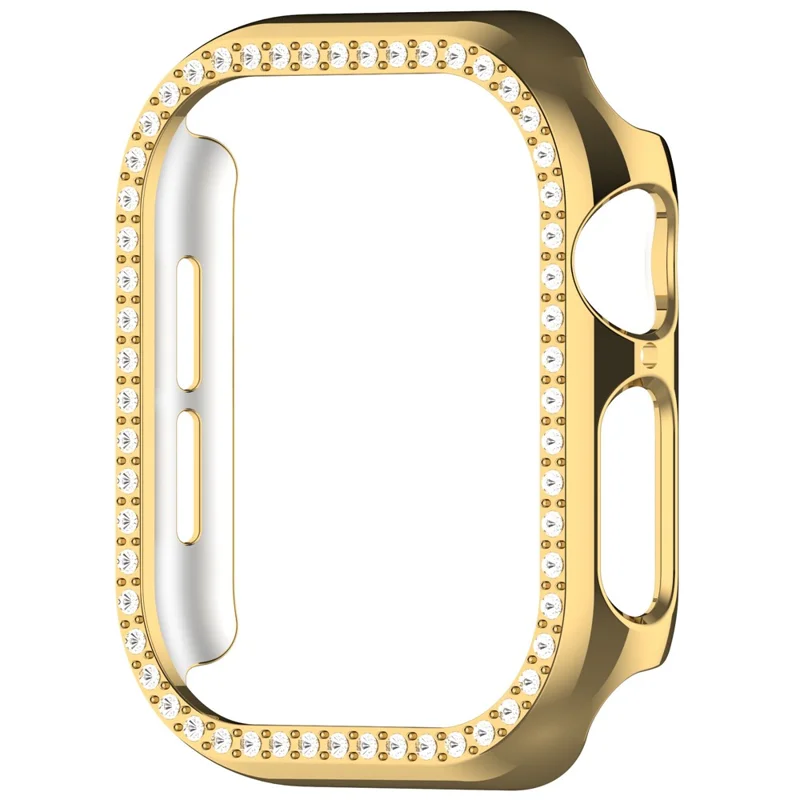 For Apple Watch Series 11 / 10 42mm Single Row Rhinestone Decor Hollow-Out Cover PC Watch Frame Case - Gold
