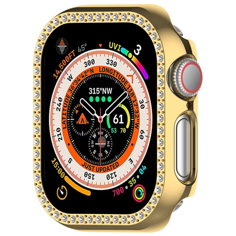 For Apple Watch Series 11 / 10 42mm Single Row Rhinestone Decor Hollow-Out Cover PC Watch Frame Case - Gold