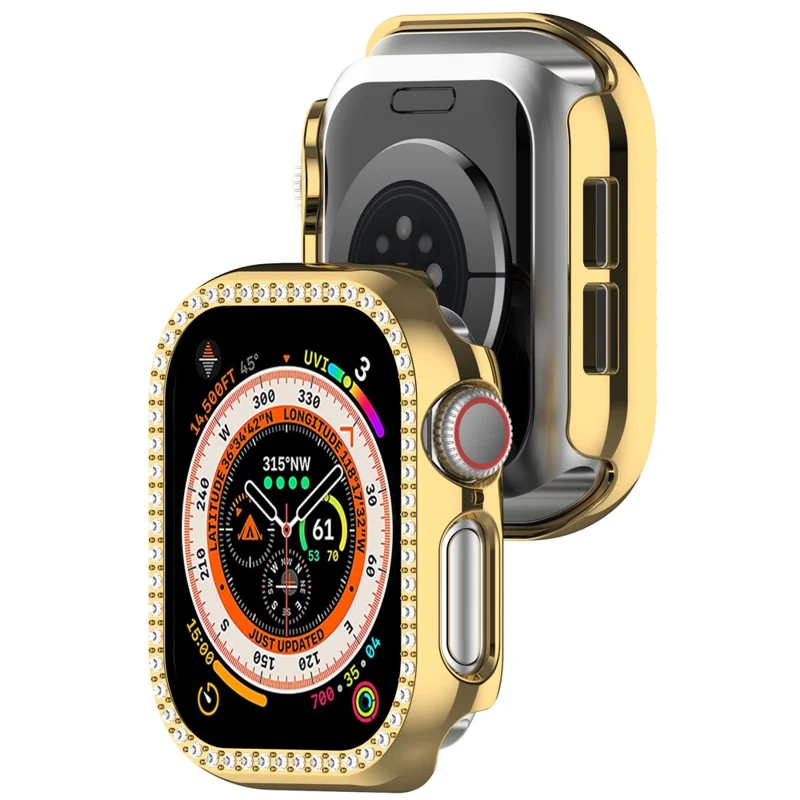 For Apple Watch Series 11 / 10 42mm Single Row Rhinestone Decor Hollow-Out Cover PC Watch Frame Case - Gold