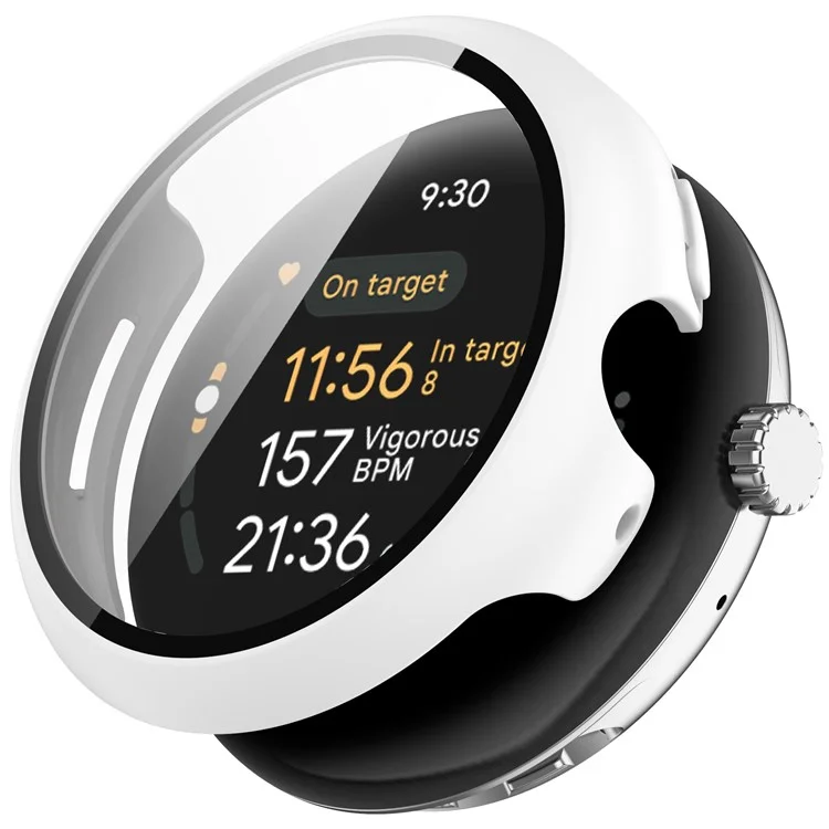 For Google Pixel Watch 3 45mm Watch Cover Hard PC Case with Tempered Glass Screen Film - White