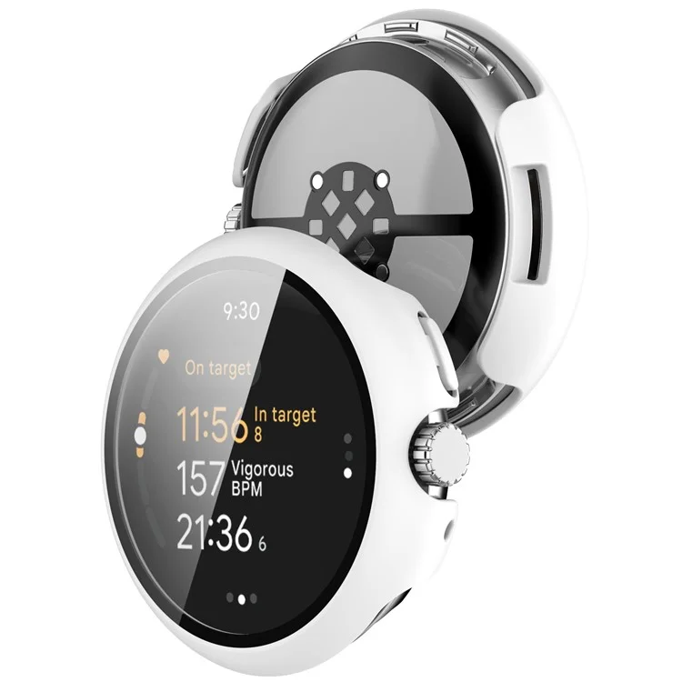 For Google Pixel Watch 3 45mm Watch Cover Hard PC Case with Tempered Glass Screen Film - White